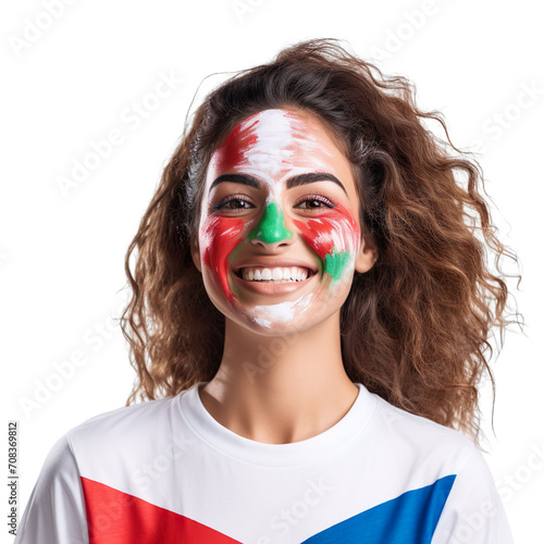 front view of a beautiful woman with her face painted with a Jordan flag colors smiling isolated on a white transparent background 