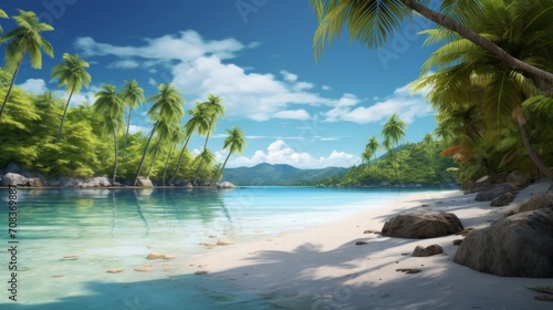 A serene beach with palm trees and crystal-clear waters Land Art Generative AI