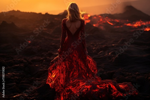 A woman wearing volcano lava theme outfit for a fashion shoot outdoors on a volcano