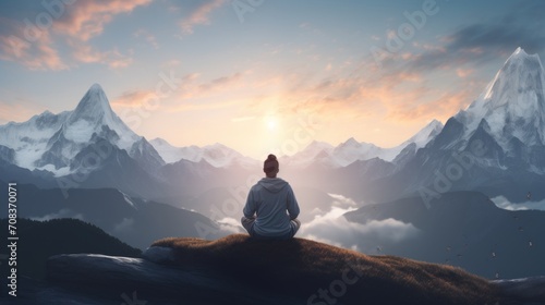 A serene yogi practicing meditation atop a mountain peak, surrounded by breathtaking vistas. Generative AI