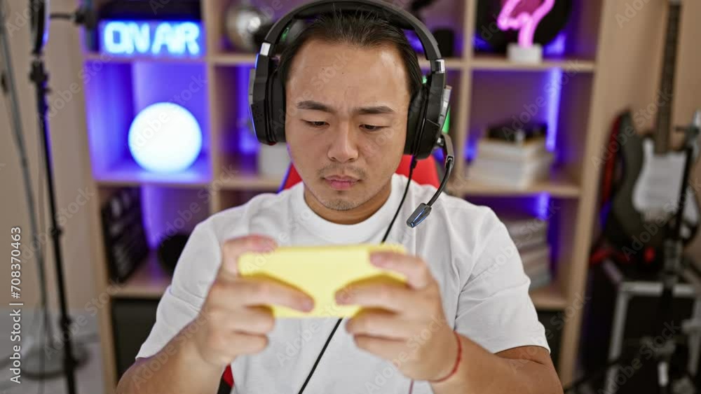 Serious yet relaxed, young chinese streamer concentrates, mastering ...