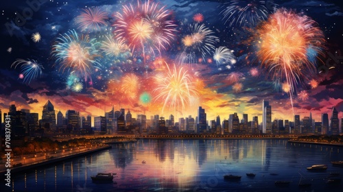 A vibrant display of multicolored fireworks bursting in a night sky, illuminating a cityscape. Generative AI © vadosloginov