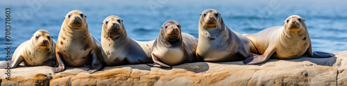 Seals basking in the sun in a row along the rocky coastline, their sleek bodies glistening in the sunlight