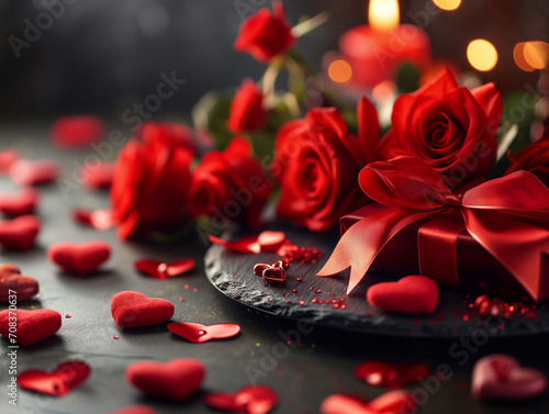 Zdjęcie przedstawiające harmonijne połączenie pięknych czerwonych róż i serc, tworzących razem romantyczną całość.