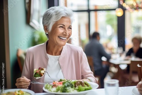 Happy senior woman eating a healthy salad in a restaurant