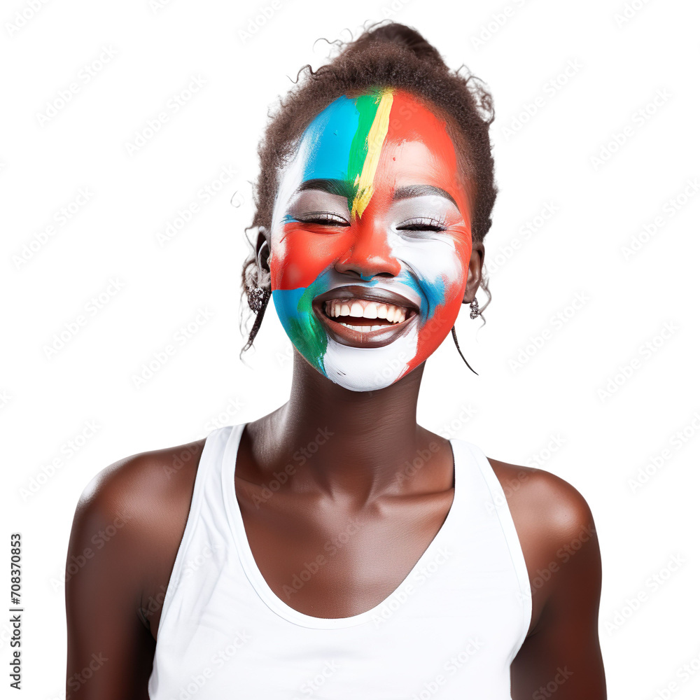 front view of a beautiful woman with her face painted with a South Sudan flag colors smiling isolated on a white transparent background front view of a beautiful woman with her face painted with a South Sudan flag colors smiling isolated on a white transparent background