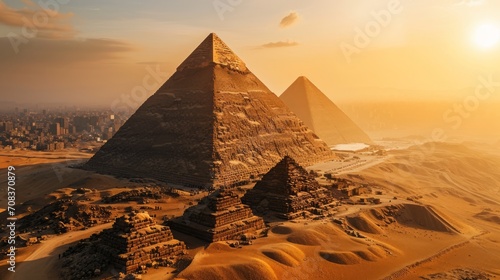 Egyptian pyramids at sunset  view from a drone Generative AI