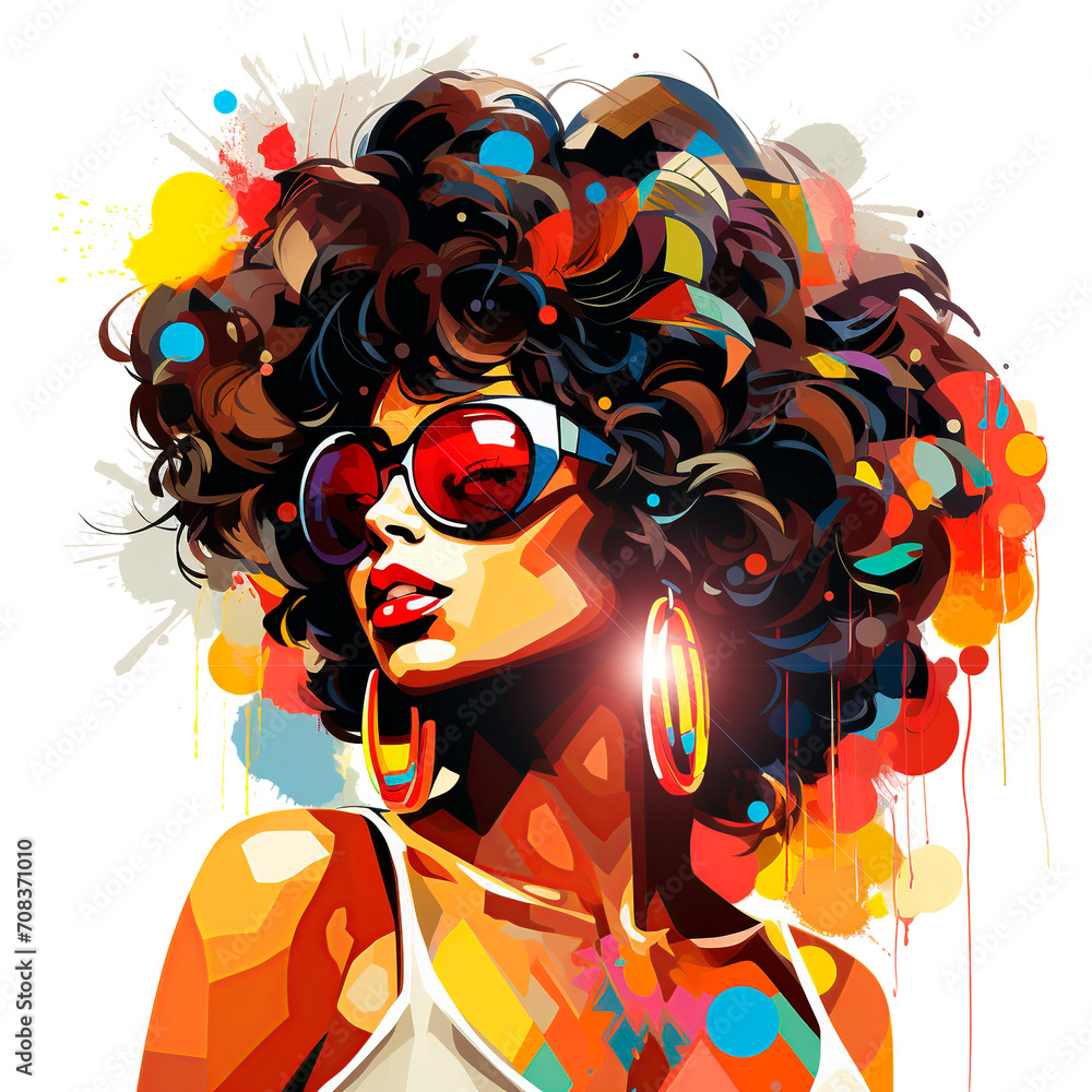 Colorful drawing of afro girl with glasses and big earrings on transparent background