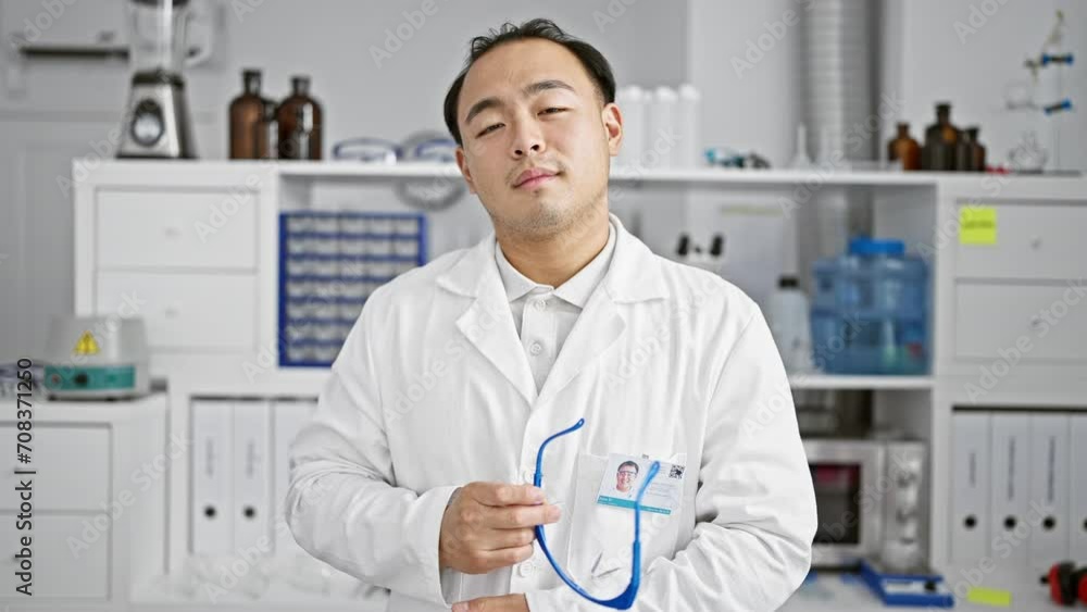 Handsome young chinese man, an expert lab scientist, confidently stands, arms crossed, glasses off, amidst technology and medicine in the research laboratory. Handsome young chinese man, an expert lab scientist, confidently stands, arms crossed, glasses off, amidst technology and medicine in the research laboratory.