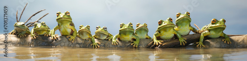 Frogs hopping in unison,  their amphibious ballet bringing a touch of whimsy to the pond photo