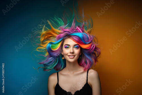 Pretty girl with colorful hair. Young woman with bright makeup and rainbow dyed hairstyle © Marko