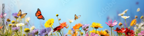 Butterflies fluttering in a row, a delicate and colorful procession through a field of flowers