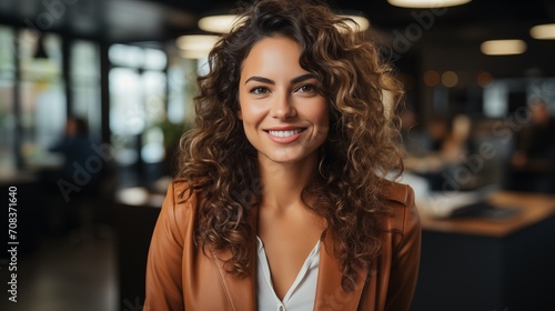 Happy 35 years old businesswoman  who is smiling and laughing  wearing bright clothes. Office on background