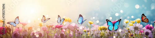 Butterflies fluttering in a row, a delicate and colorful procession through a field of flowers
