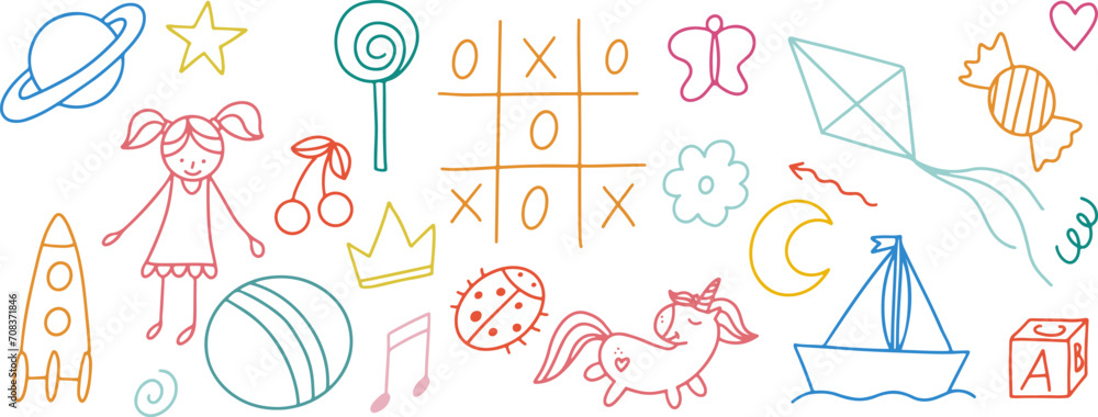 Daycare doodle icons set. Doodle kindergarten montessori toys for nursery, school. Vector illustration