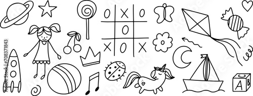 Daycare doodle icons set. Doodle kindergarten montessori toys for nursery, school. Vector illustration