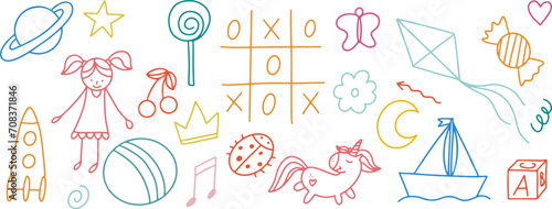 Daycare doodle icons set. Doodle kindergarten montessori toys for nursery, school. Vector illustration
