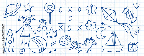 Daycare doodle icons set. Doodle kindergarten montessori toys for nursery, school. Vector illustration