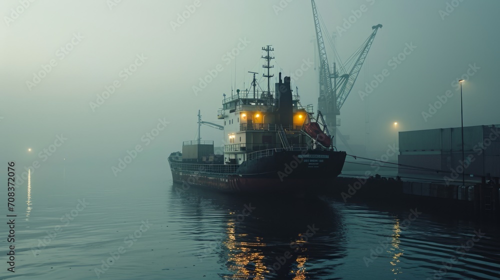 Fototapeta premium Cargo ship in misty weather, fog surrounding the vessel, detailed and moody photorealistic scene Generative AI