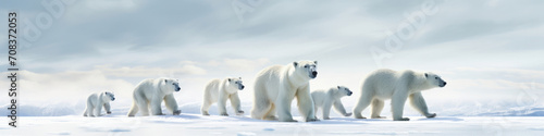 Polar bears trekking in a row across the Arctic ice,  their powerful strides adapted to the frozen terrain © basketman23