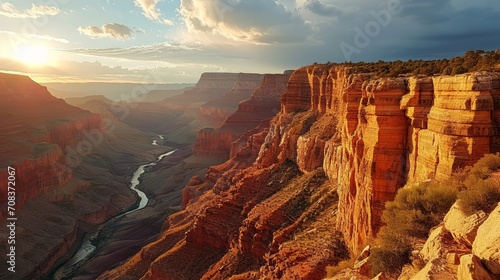 Canyon vista, drone's eye view, sun dipping, immense canyon, realistic sunset scene at the Grand Canyon - Generative AI