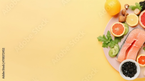 Vibrant Detox Concept: Top View of Fresh Fruits, Vegetables, and Dumbbells on a Plate, Isolated on Pastel Yellow Background. Wellness Still Life with Copyspace for Healthy Lifestyle Promotion and Fitn