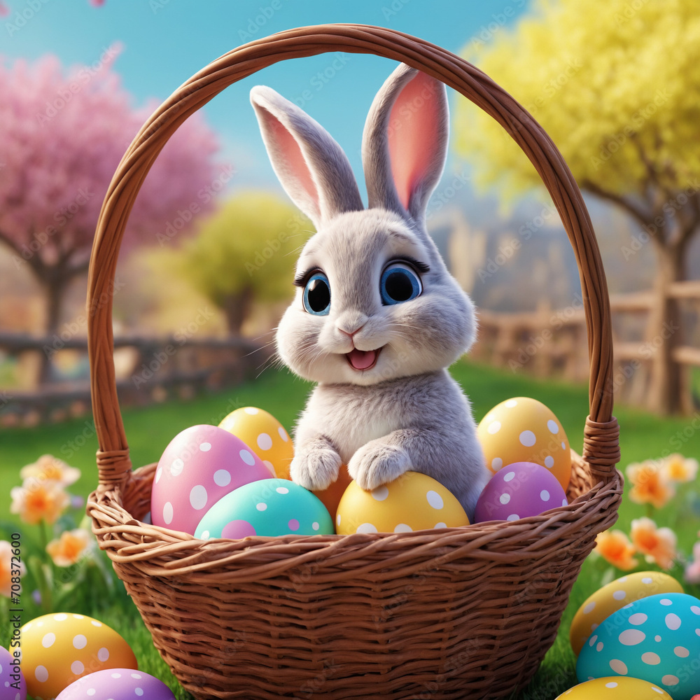 cute bunny sitting in colorful east egg basket cute bunny sitting in colorful east egg basket