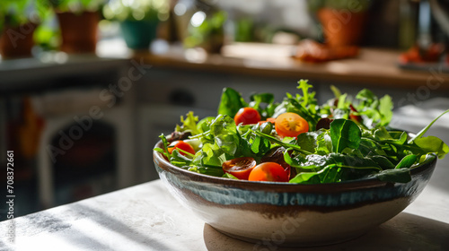 Bowl of Delicious Fresh Vegetables Salad on a Kitchen Counter © LadyAI