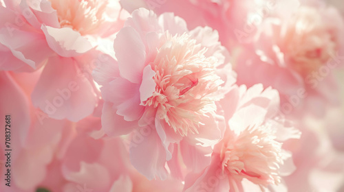 Delicate pink blooming peonies, holiday background, pastel and soft floral card, selective focus