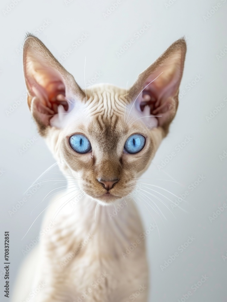 Sphinx cat with blue eyes on white background