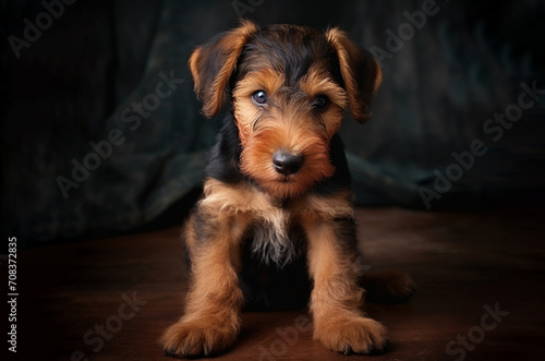 small Airedale terrier dog puppy in a dark room