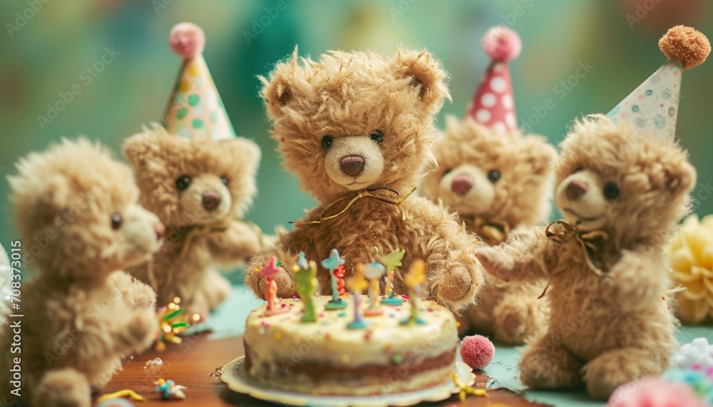 A group of teddy bears gathered around a miniature birthday cake, celebrating with miniature party hats and accessories,
