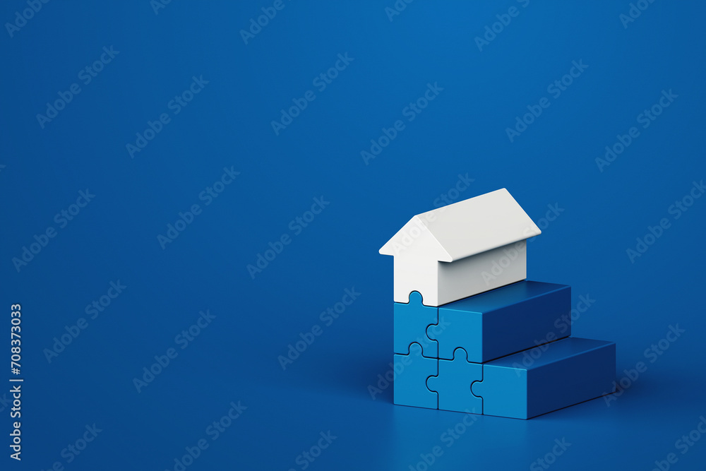 White arrow pointing up with step stair jigsaw on blue background, business way, 3d rendering