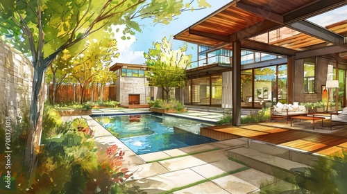 Courtyard with a lap pool, fitness-oriented design, clean lines, serene setting, detailed and inviting illustration Generative AI © vadosloginov
