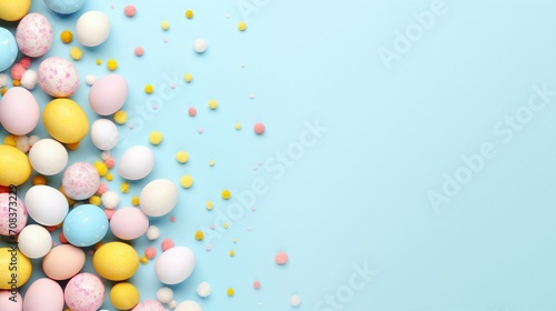 Easter Decorations Concept with Colorful Eggs, Bunny Ears, and Sprinkles on Isolated Light Blue Background - Festive Holiday Design with Copy Space for Text or Promotional Content.
