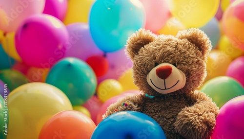 Close-up of a fluffy teddy bear holding a bouquet of vibrant birthday balloons against a backdrop of cheerful decorations,