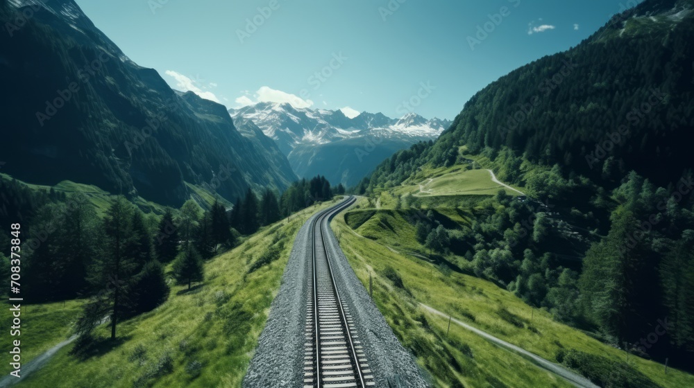 Drone footage of a railway line hugging the contours of rugged peaks, illustrating the train's path amidst majestic scenery. Generative AI