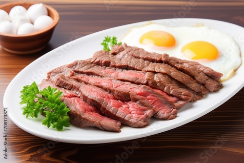 sliced steak and eggs on a white plate