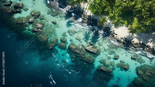 Drone's-eye view offering a glimpse of a picturesque island cluster boasting swaying palms, hidden lagoons, and vibrant marine ecosystems thriving in the clear waters. photorealistic Generative AI