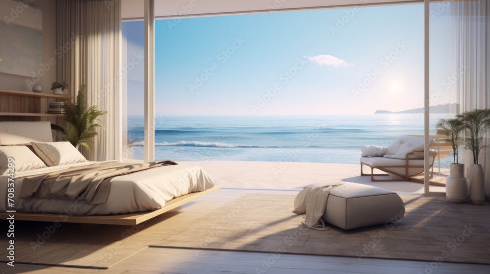 Exclusive beachfront suite with panoramic ocean views Generative AI - obrazy, fototapety, plakaty 