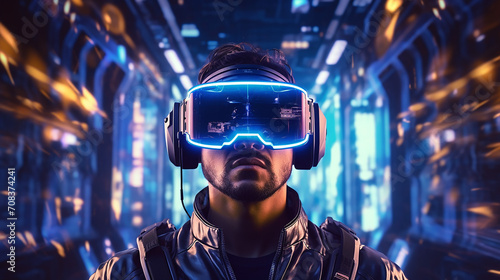 futuristic neon background. visualization of a man wearing virtual reality glasses, electronic head device 3d render © Aura