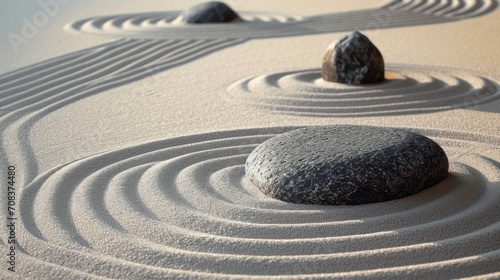 Calm and Peaceful Zen Garden  sand and stones. Japanese dry garden. Closeup meditative sand patterns and balanced stones