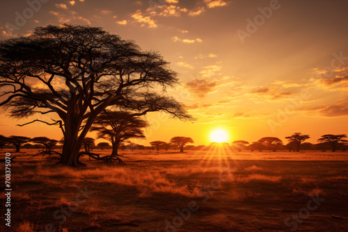 Serengeti landscape at sunrise with silhouetted acacia trees. African nature and sunrise concept. Design for travel guide  nature documentary  environmental conservation campaign