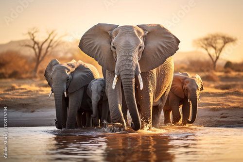 Elephant family at waterhole in African savanna. Wildlife conservation and natural habitat concept. Elephant herd for educational content, nature tours © Alexey