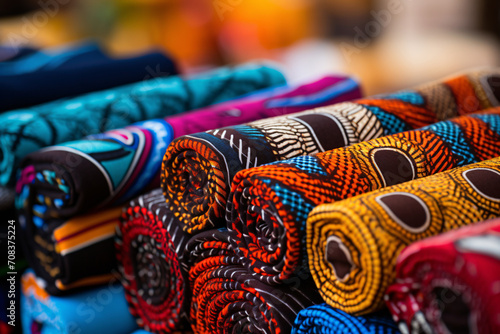 African fabric rolls in market. Cultural fashion and textile design concept. Colorful patterns for clothing, decoration, and Black History Month themes
