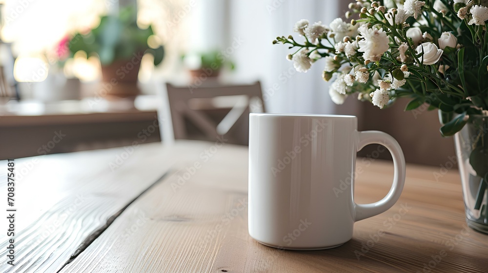 product shot of white mug on a table, mockup for designs. generative AI product shot of white mug on a table, mockup for designs. generative AI