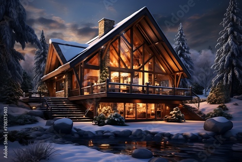 modern country house in the snowy valley © ArtistUsman