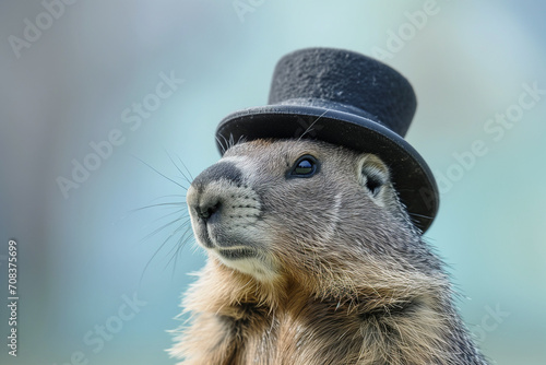 Groundhog Day Celebration. Cheerful Groundhog Wearing Cylinder Hat Isolated on the Pastel Background. Copy Space. 