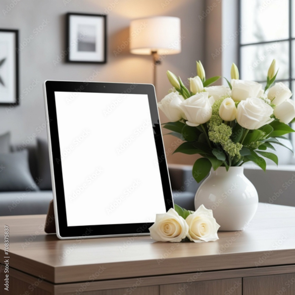 Obraz premium Mockup of a tablet screen on a table with roses in a vase. 