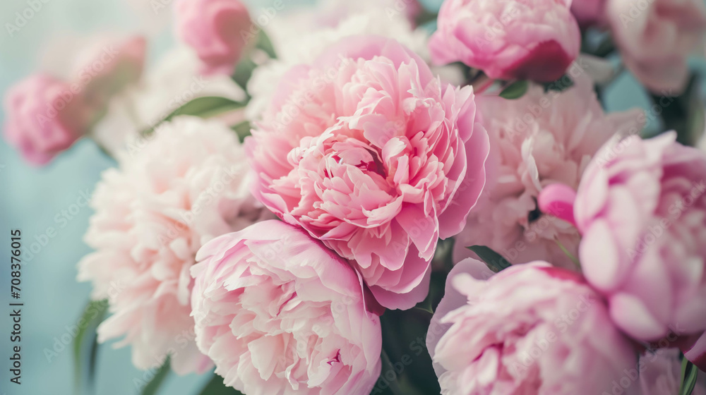 Bouquet of pink blooming peonies, holiday background, pastel and soft floral card, selective focus Bouquet of pink blooming peonies, holiday background, pastel and soft floral card, selective focus
